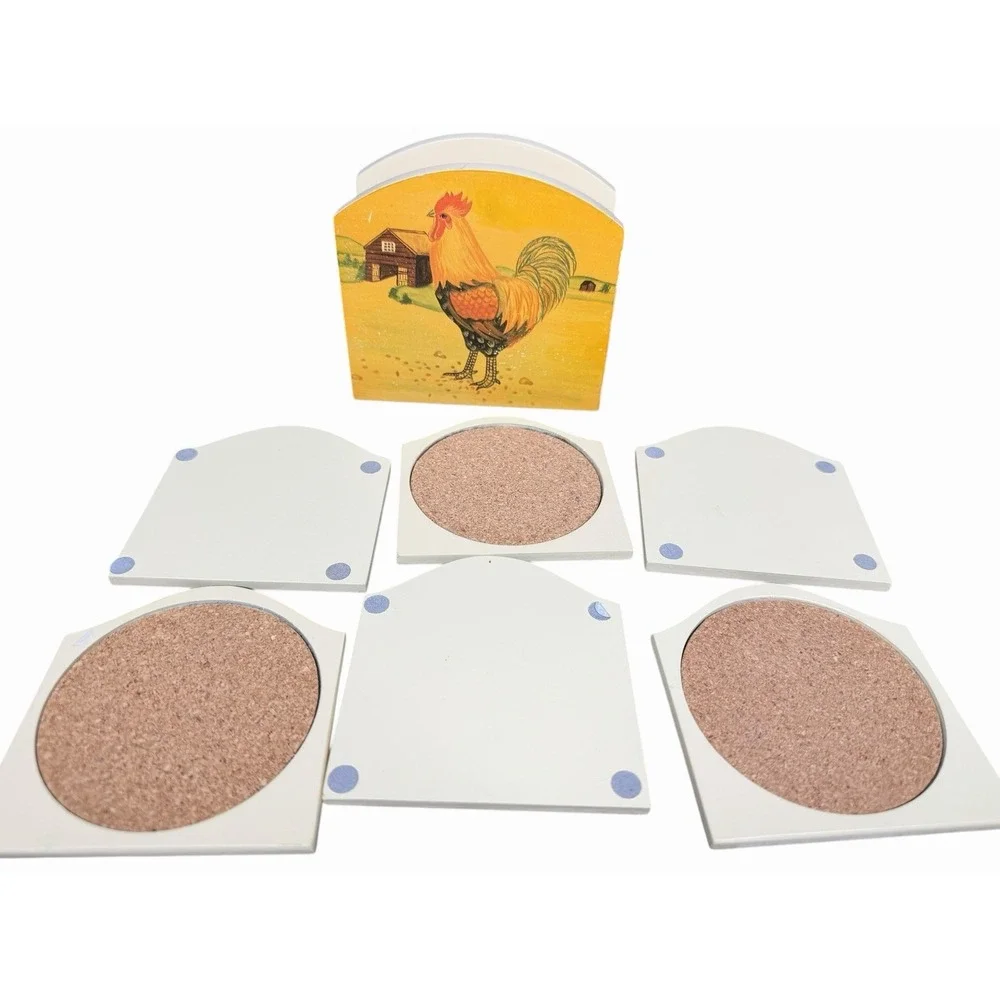 Vintage Rooster Recipe Box w Recipe Cards & Coasters Farmhouse Kitchen Decor Set